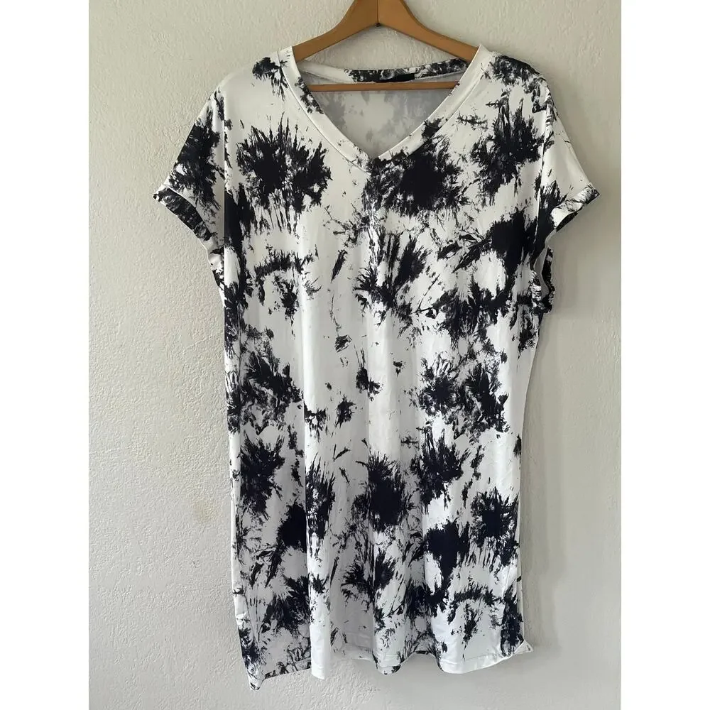 Women's Shein Curve Black White Tie Dye Soft Cozy‎ Shirt Dress Size 0XL